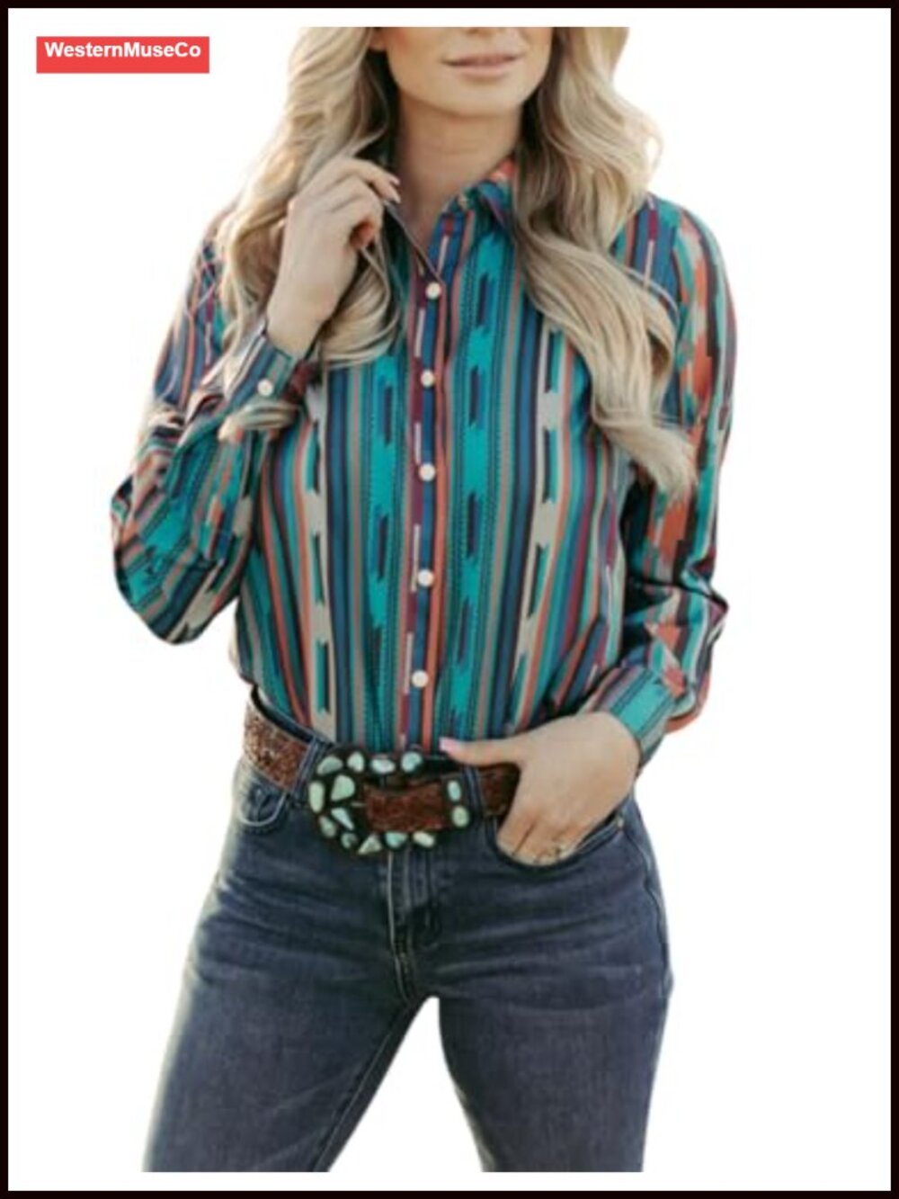 Aztec Pearl Snap Button Up Western Blouse Long Sleeve Cowgirl Top